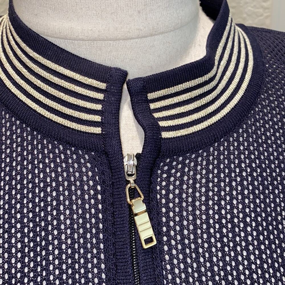 Misook Mesh Zipper Jacket Navy & Gold EUC Sz S Acrylic Navy Blue Cream Acrylic - Picture 2 of 7